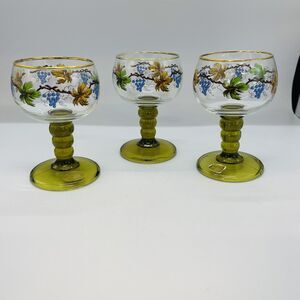 Lot Of 3 Roemer Wine Glasses Made Austria For Gumps Green Bubble Stem Gold Trim